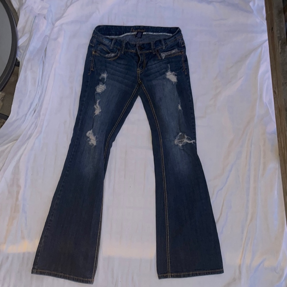 Amethyst, distressed, denim flare, boot, cut, fit, size 7